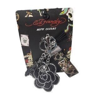 Ed Hardy Black and Silver Motif Skull Charm Key Holder Bag Charm